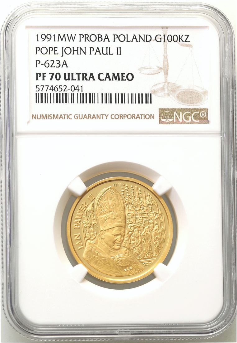 III RP. PRÓBA złoto 100.000 złotych 1991 Jan Paweł II Ołtarz NGC PF70 ULTRA CAMEO (MAX)